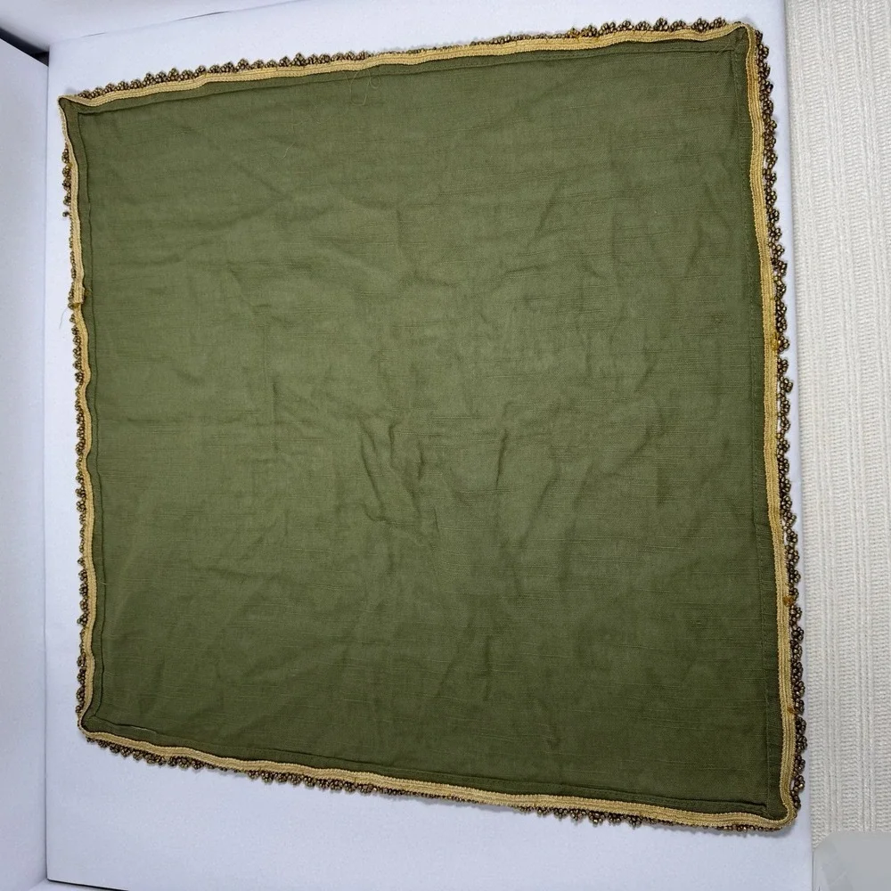 Boho Chic Olive Green Linen Dinner Napkins Antique Gold Glass Seed Bead Trim X5